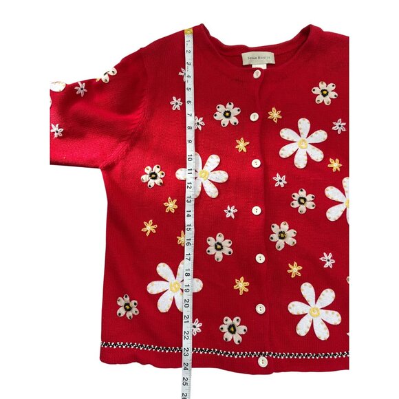 Susan Bristol Red Cardigan Floral Embroidery Button-Up Ramie Vintage Women XL - Picture 7 of 7